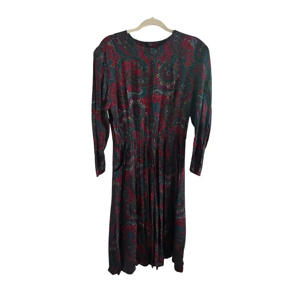 Vintage Jessica Howard Paisley Button‑Back Dress – Pockets, Jewel‑Tone Print